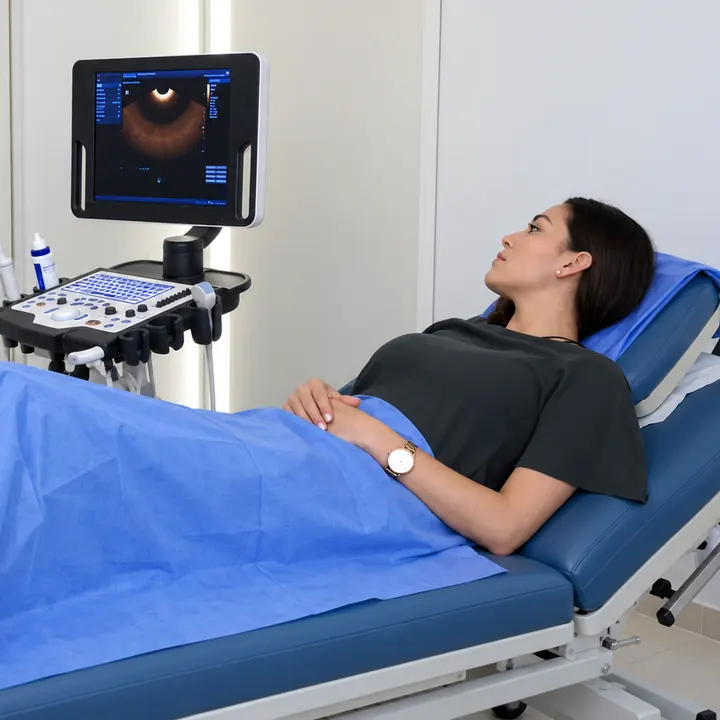 Paciente en la sala de ultrasonido del consultorio de ginecología en Ecatepec